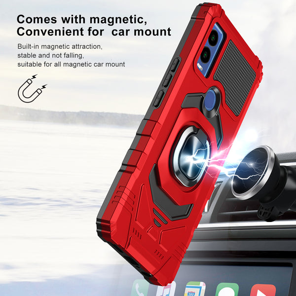 For Cricket Innovate E 5G Case [Military Grade] Ring Car Mount Kickstand w/[Tempered Glass] Hybrid Hard PC Soft TPU Shockproof Protective Case - Red