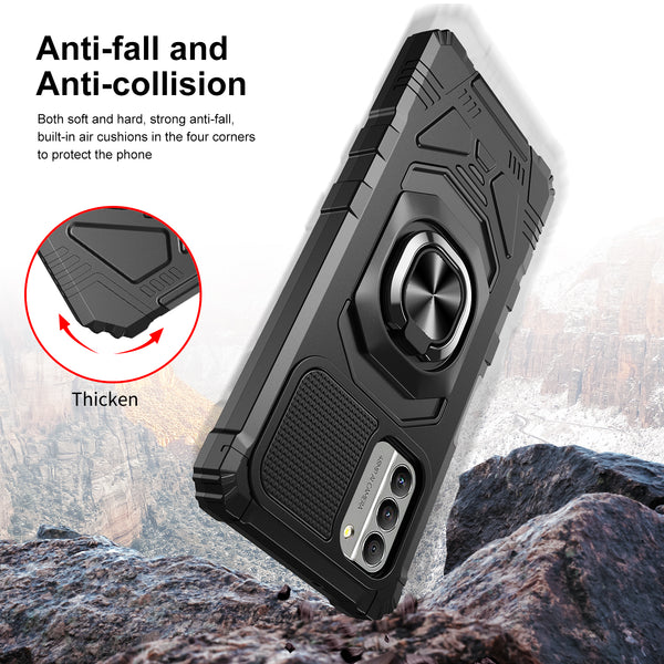 For Nokia G400 5G Case [Military Grade] Ring Car Mount Kickstand w/[Tempered Glass] Hybrid Hard PC Soft TPU Shockproof Protective Case - Black