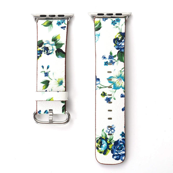 Black Floral Printed Leather Watch Band 42mm Strap - white green flower - www.coverlabusa.com