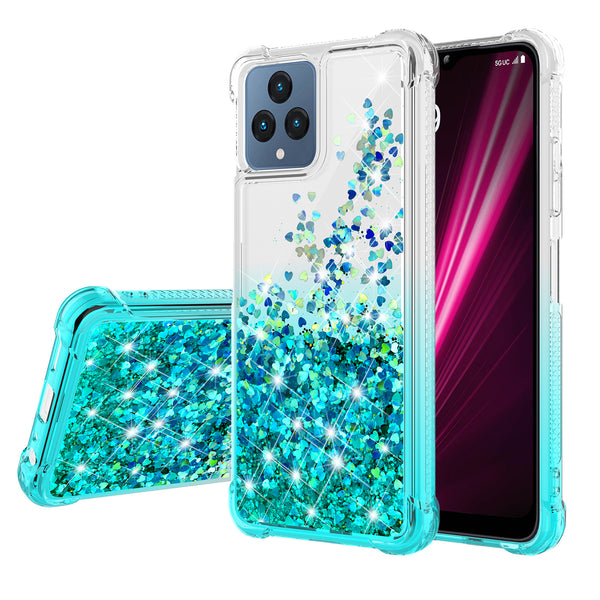 For T-Mobile REVVL 6 5G Case Liquid Glitter Phone Case Waterfall Floating Quicksand Bling Sparkle Cute Protective Girls Women Cover for T-Mobile REVVL 6 5G W/Temper Glass - (Clear/Teal Gradient)