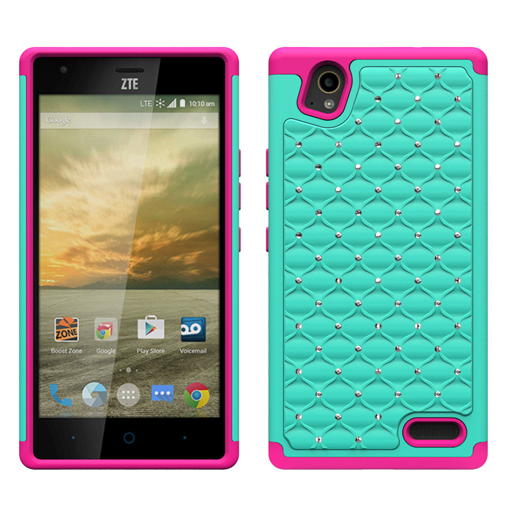 ZTE Warp Elite Rhinestone Case - Teal/Hot Pink - www.coverlabusa.com