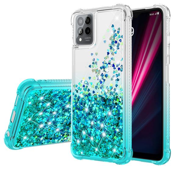 For T-Mobile REVVL 6 PRO 5G Case Liquid Glitter Phone Case Waterfall Floating Quicksand Bling Sparkle Cute Protective Girls Women Cover for T-Mobile REVVL 6 PRO 5G W/Temper Glass - (Clear/Teal Gradient)