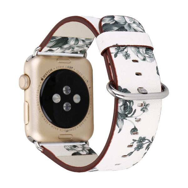 Black Floral Printed Leather Watch Band 38mm Strap - white grey flower - www.coverlabusa.com