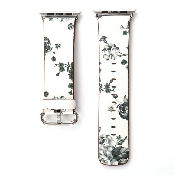 Black Floral Printed Leather Watch Band 42mm Strap - white grey flower - www.coverlabusa.com