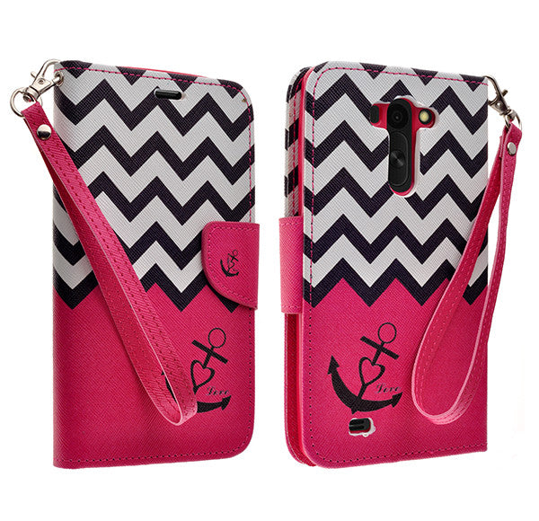LG G Vista Wallet Case [Card Slots + Money Pocket + Kickstand] and Strap - Hot Pink Anchor