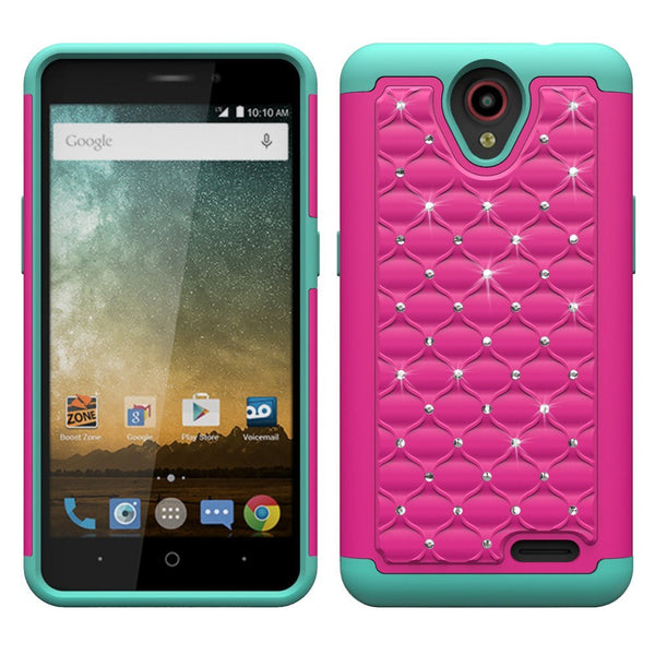 ZTE Prestige, Sonata 3, Avid Trio, Avid Plus, Chapel Diamond Hybrid Crystal Rhinestone Dual Layer Gel Case - Hot Pink/Teal - www.coverlabusa.com