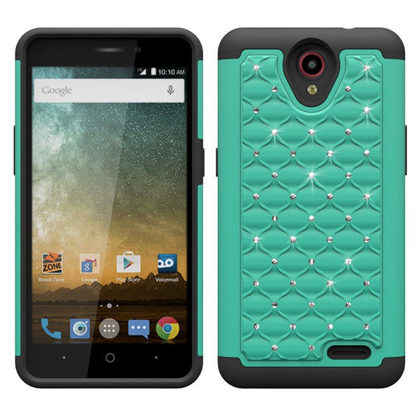 ZTE Prestige, Sonata 3, Avid Trio, Avid Plus, Chapel Diamond Hybrid Crystal Rhinestone Dual Layer Gel Case - Teal/Black - www.coverlabusa.com