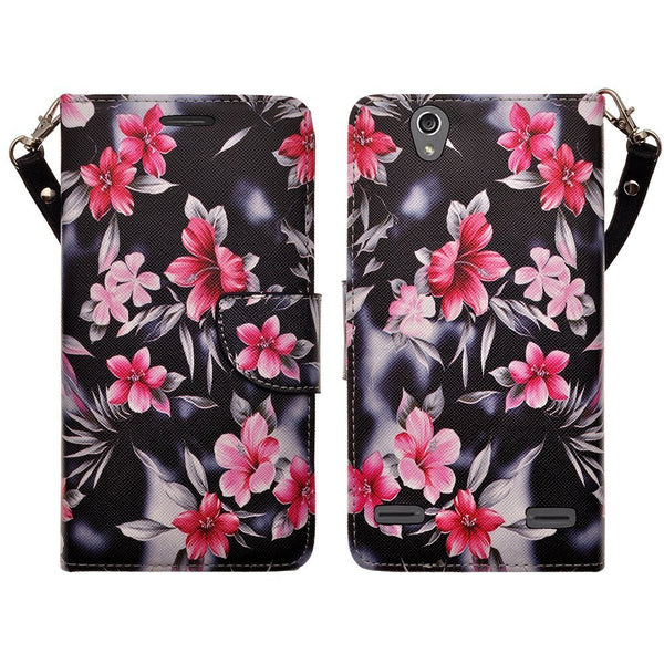 ZTE Lever LTE | Z936L Case, Slim Wrist Strap Magnetic Flip Wallet Kickstand Cover - Pink Orchids