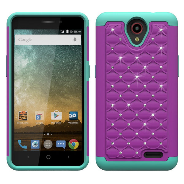 ZTE Prestige, Sonata 3, Avid Trio, Avid Plus, Chapel Diamond Hybrid Crystal Rhinestone Dual Layer Gel Case - Purple/Teal - www.coverlabusa.com