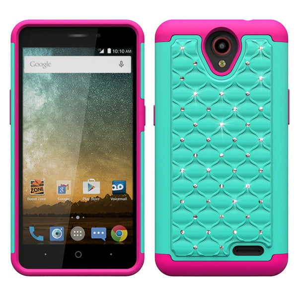 ZTE Prestige, Sonata 3, Avid Trio, Avid Plus, Chapel Diamond Hybrid Crystal Rhinestone Dual Layer Gel Case - Teal/Hot Pink - www.coverlabusa.com