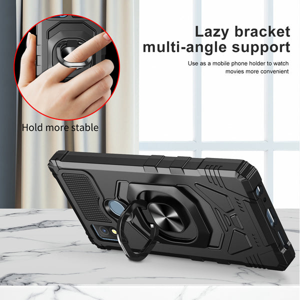 For Cricket Icon 4 Case [Military Grade] Ring Car Mount Kickstand w/[Tempered Glass] Hybrid Hard PC Soft TPU Shockproof Protective Case - Black