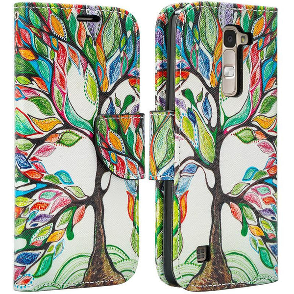LG K8, Phoenix 2, Escape 3 Wallet Case, Wrist Strap [Kickstand] Pu Leather Wallet Case with ID & Credit Card Slots - colorful tree www.coverlabusa.com