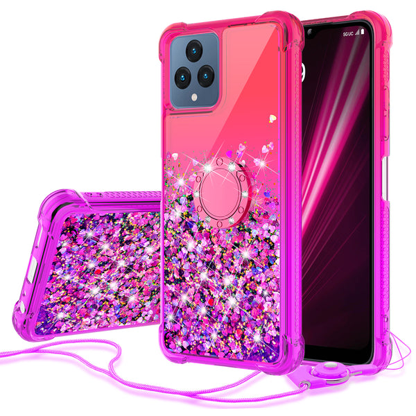 Glitter Phone Case Kickstand Compatible for T-Mobile Revvl 6 5G Case, Revvl 6 5G Case,Ring Stand Liquid Floating Quicksand Bling Sparkle Protective Girls Women for T-Mobile Revvl 6 5G W/Temper Glass - (Hot Pink/Purple Gradient)