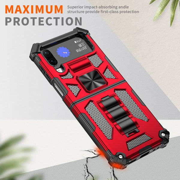For Samsung Galaxy Z Flip4 Case [Military Grade] Ring Car Mount Kickstand w/[Tempered Glass] Hybrid Hard PC Soft TPU Shockproof Protective Case -Red