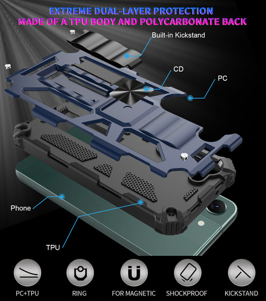 For Samsung Galaxy S23 Plus Case [Military Grade] Ring Car Mount Kickstand w/[Tempered Glass] Hybrid Hard PC Soft TPU Shockproof Protective Case -Blue