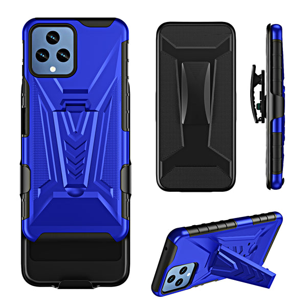 For T-Mobile REVVL 6 5G Case with Tempered Glass Screen Protector Heavy Duty Protective Phone Case,Built-in Kickstand Rugged Shockproof Protective Phone Case - Blue