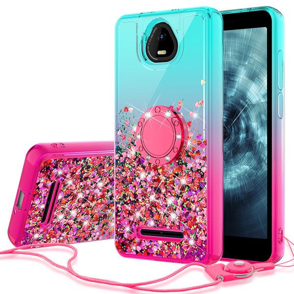 Glitter Phone Case Kickstand Compatible for Boost Schok Volt Case, SV55 Case,Ring Stand Liquid Floating Quicksand Bling Sparkle Protective Girls Women for Boost Schok Volt W/Temper Glass - (Teal/Pink Gradient)