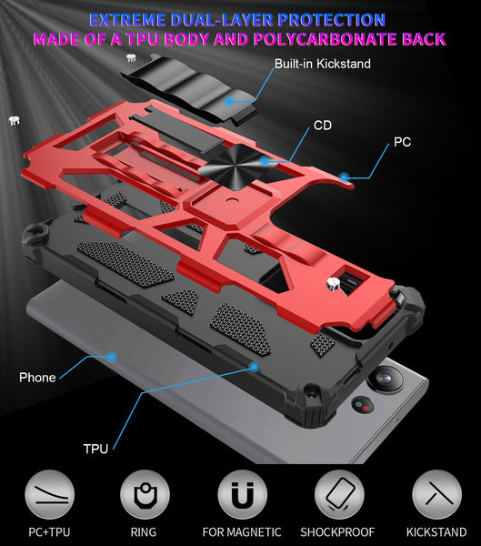 For Samsung Galaxy S23 Ultra Case [Military Grade] Ring Car Mount Kickstand w/[Tempered Glass] Hybrid Hard PC Soft TPU Shockproof Protective Case - Red