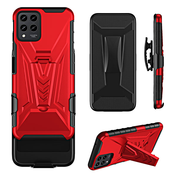 For T-Mobile REVVL 6 Pro 5G Case with Tempered Glass Screen Protector Heavy Duty Protective Phone Case,Built-in Kickstand Rugged Shockproof Protective Phone Case - Red