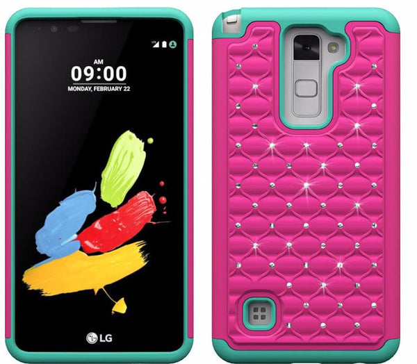 LG Stylo 2 Case, LG Stylo 2 V Diamond Rhinestone Dual Layered Slim Hybrid Case - Hot Pink/Teal - www.coverlabusa.com