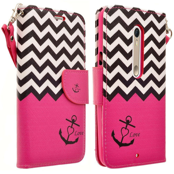 Motorola Droid Turbo 2 Case | Moto X Force Case | Kinzie Bounce Pu Leather Wallet Case - hot pink anchor - www.coverlabusa.com
