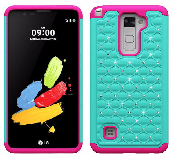 LG Stylo 2 Case, LG Stylo 2 V Diamond Rhinestone Dual Layered Slim Hybrid Case - Teal/Hot Pink - www.coverlabusa.com
