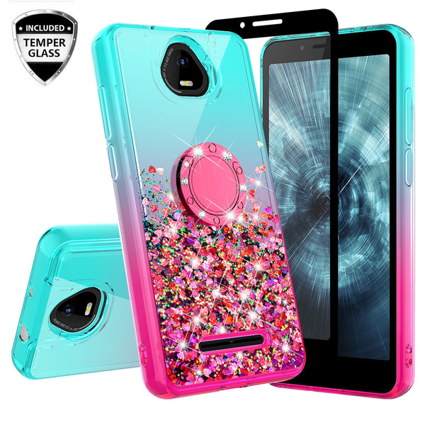 Glitter Phone Case Kickstand Compatible for Boost Schok Volt Case, SV55 Case,Ring Stand Liquid Floating Quicksand Bling Sparkle Protective Girls Women for Boost Schok Volt W/Temper Glass - (Teal/Pink Gradient)