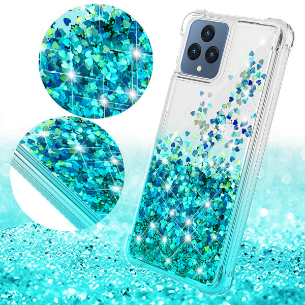For T-Mobile REVVL 6 5G Case Liquid Glitter Phone Case Waterfall Floating Quicksand Bling Sparkle Cute Protective Girls Women Cover for T-Mobile REVVL 6 5G W/Temper Glass - (Clear/Teal Gradient)