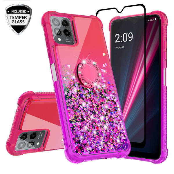 Glitter Phone Case Kickstand Compatible for T-Mobile Revvl 6 Pro 5G Case, Revvl 6 Pro 5G Case,Ring Stand Liquid Floating Quicksand Bling Sparkle Protective Girls Women for T-Mobile Revvl 6 Pro 5G W/Temper Glass - (Hot Pink/Purple Gradient)
