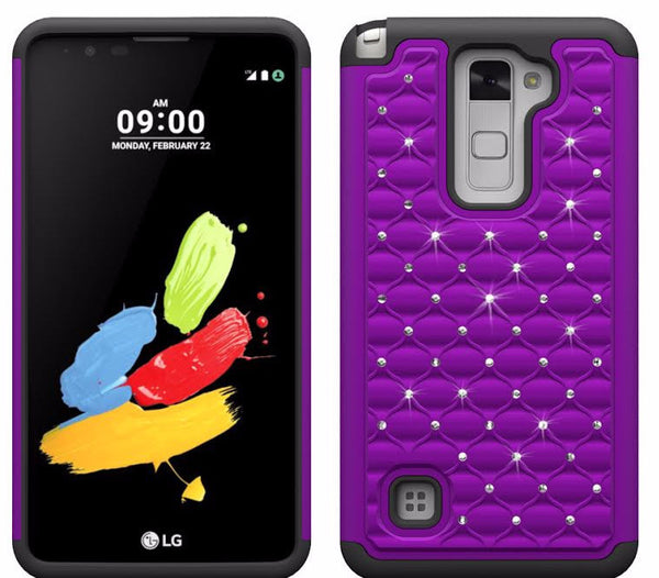 LG Stylo 2 Case, LG Stylo 2 V Diamond Rhinestone Dual Layered Slim Hybrid Case - Purple/Black - www.coverlabusa.com
