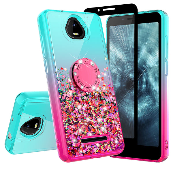 Glitter Phone Case Kickstand Compatible for Boost Schok Volt Case, SV55 Case,Ring Stand Liquid Floating Quicksand Bling Sparkle Protective Girls Women for Boost Schok Volt W/Temper Glass - (Teal/Pink Gradient)