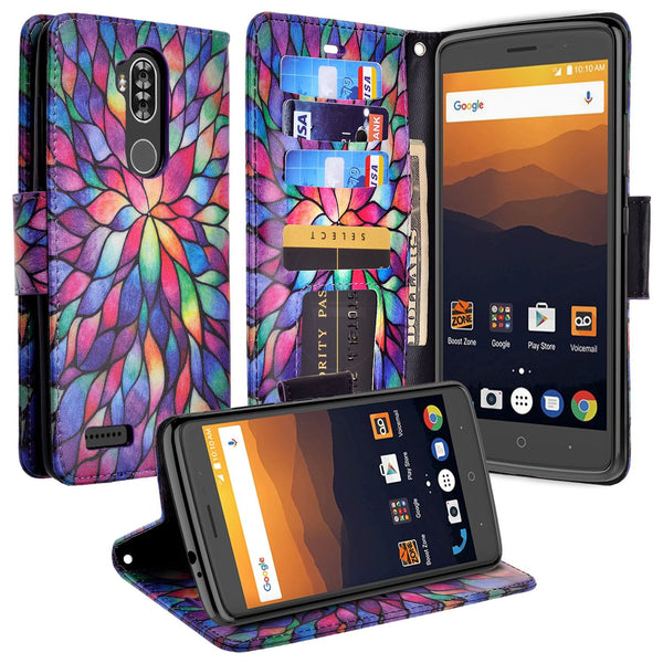 zte max xl, blade 3, zmax pro 2, wallet case - rainbow flower - www.coverlabusa.com