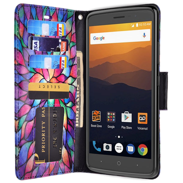 zte max xl, blade 3, zmax pro 2, wallet case - rainbow flower - www.coverlabusa.com