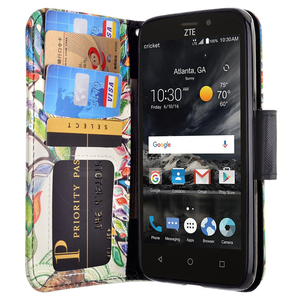 ZTE Prestige 2 Wallet Case [Card Slots + Money Pocket + Kickstand] and Strap - Vibrant Tree