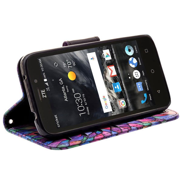 ZTE Prestige 2 Wallet Case [Card Slots + Money Pocket + Kickstand] and Strap - Rainbow Flower