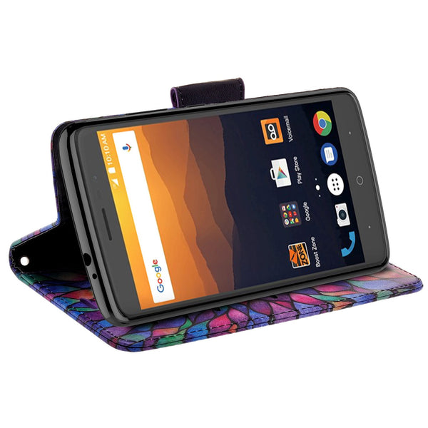 zte max xl, blade 3, zmax pro 2, wallet case - rainbow flower - www.coverlabusa.com