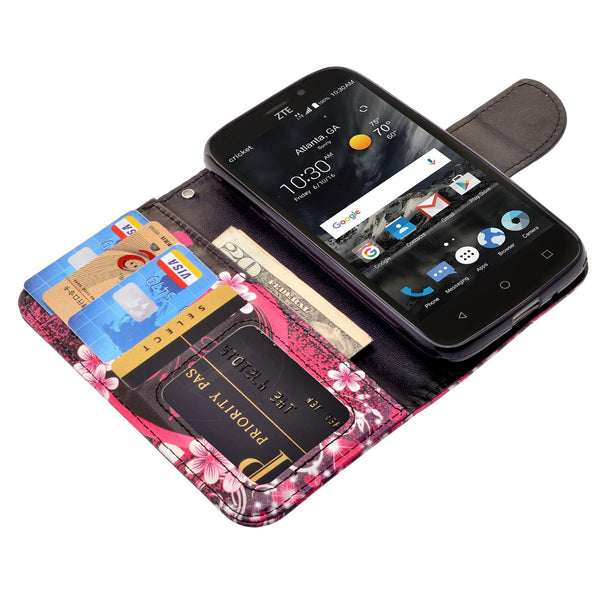 ZTE Prestige 2 Wallet Case [Card Slots + Money Pocket + Kickstand] and Strap - Heart Butterflies