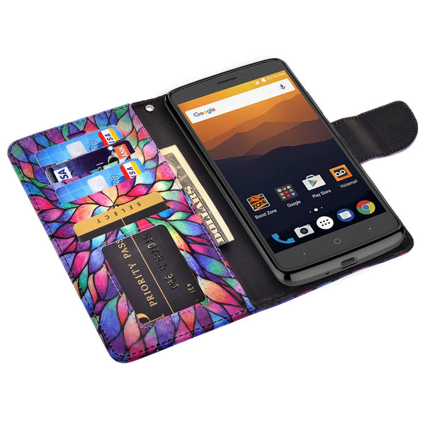 zte max xl, blade 3, zmax pro 2, wallet case - rainbow flower - www.coverlabusa.com