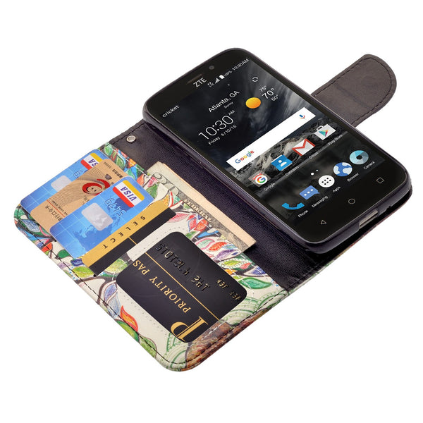 ZTE Prestige 2 Wallet Case [Card Slots + Money Pocket + Kickstand] and Strap - Vibrant Tree