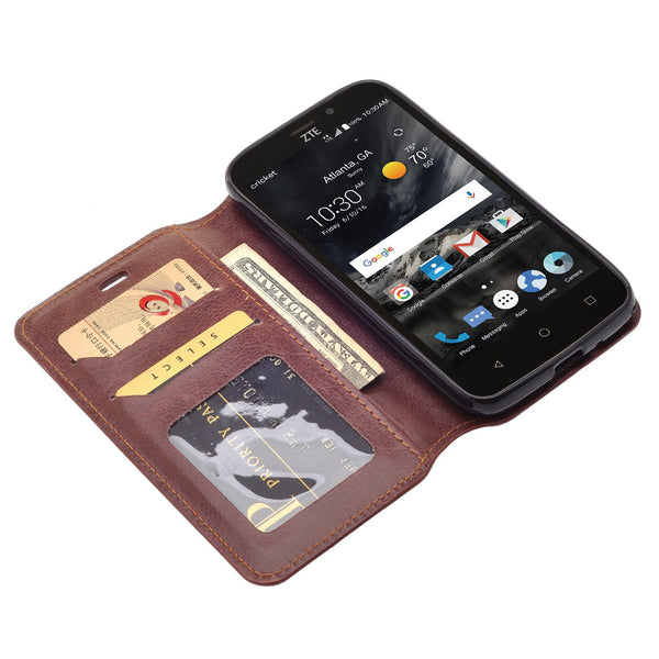 ZTE Prestige 2 Wallet Case [Card Slots + Money Pocket + Kickstand] and Strap - Brown