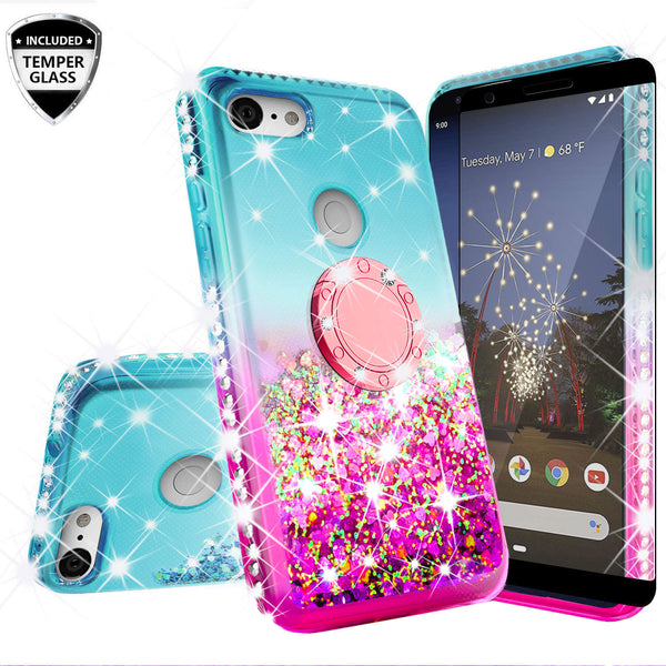 Glitter Phone Case Kickstand Compatible for Google Pixel 3a Case,Pixel 3a Case,Ring Stand Liquid Floating Quicksand Bling Sparkle Protective Girls Women for Google Pixel 3a W/Temper Glass - (Teal/Pink Gradient)