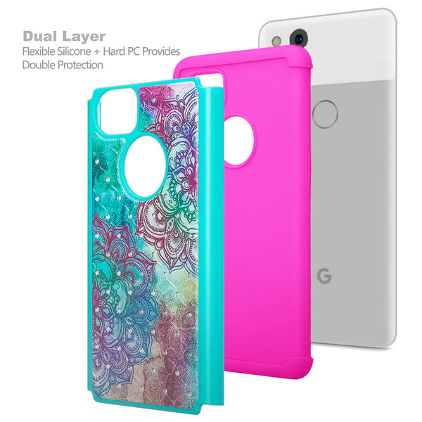 google pixel 2 xl case crystal rhinestone - teal flower - www.coverlabusa.com