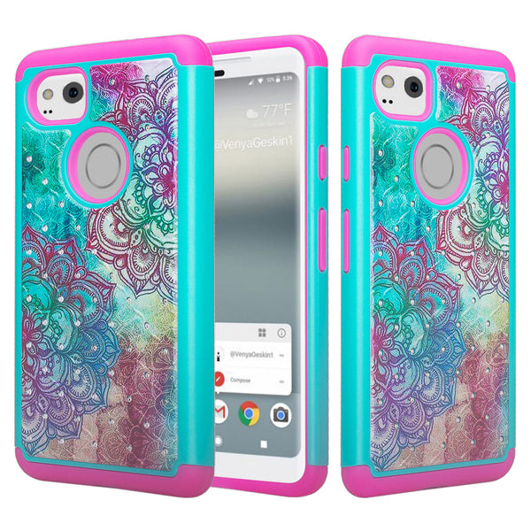 google pixel 2 xl case crystal rhinestone - teal flower - www.coverlabusa.com