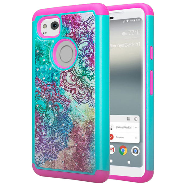 google pixel 2 xl case crystal rhinestone - teal flower - www.coverlabusa.com