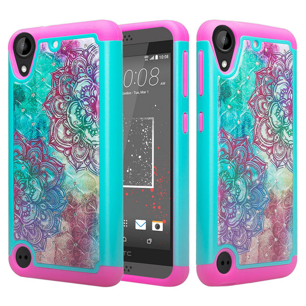 htc desire 555 case crystal rhinestone - teal flower - www.coverlabusa.com