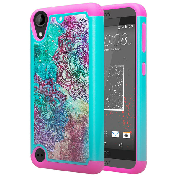 htc desire 555 case crystal rhinestone - teal flower - www.coverlabusa.com