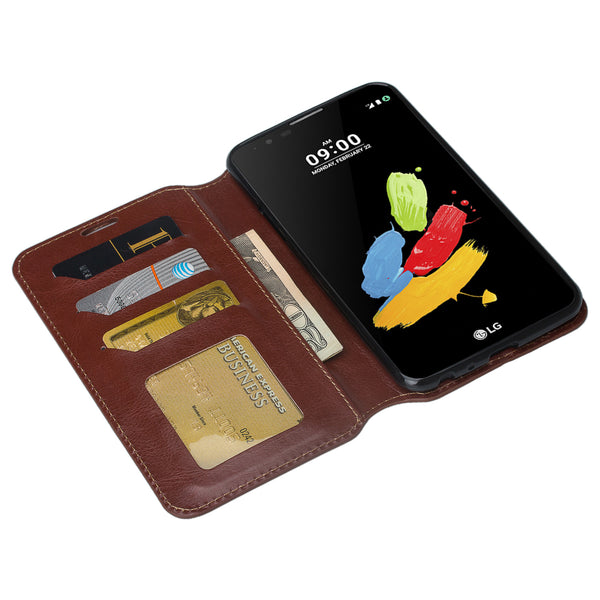 lg stylo 3 / stylus 3 plus leather wallet case - brown - www.coverlabusa.com