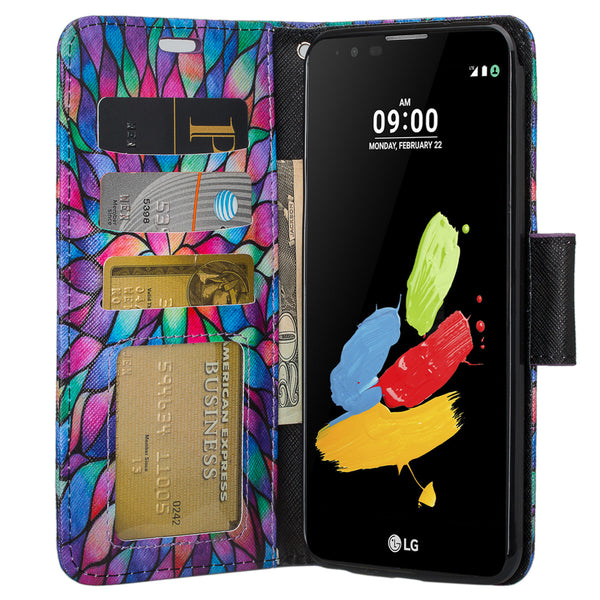 lg stylo 3 / stylus 3 plus leather wallet case - rainbow flower - www.coverlabusa.com