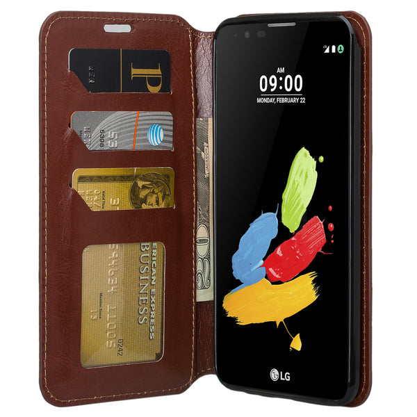 lg stylo 3 / stylus 3 plus leather wallet case - brown - www.coverlabusa.com