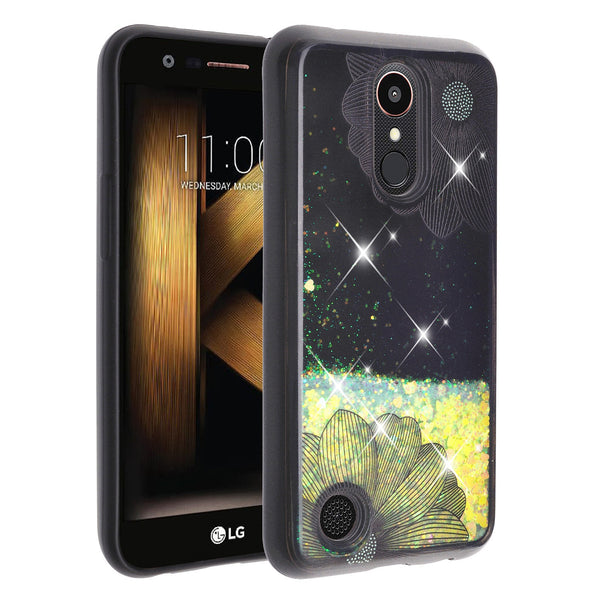 lg k20 plus  liquid sparkle quicksand case - black flower - www.coverlabusa.com